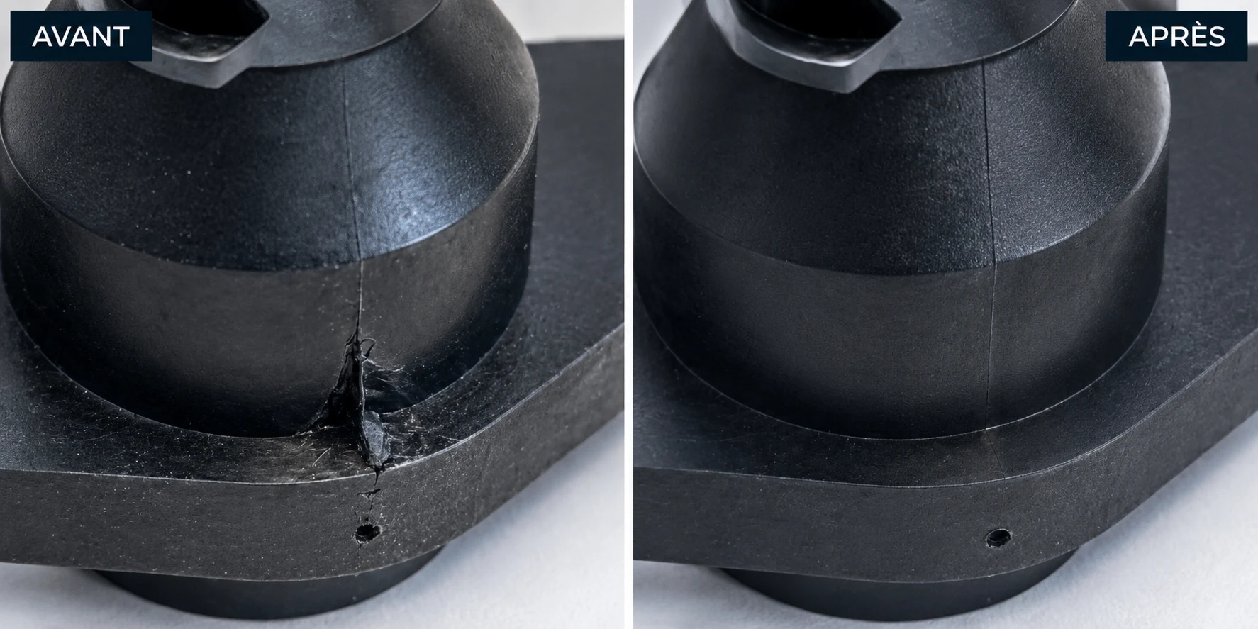 Comparatif avant et après correction d’un défaut de bavure sur une pièce plastique