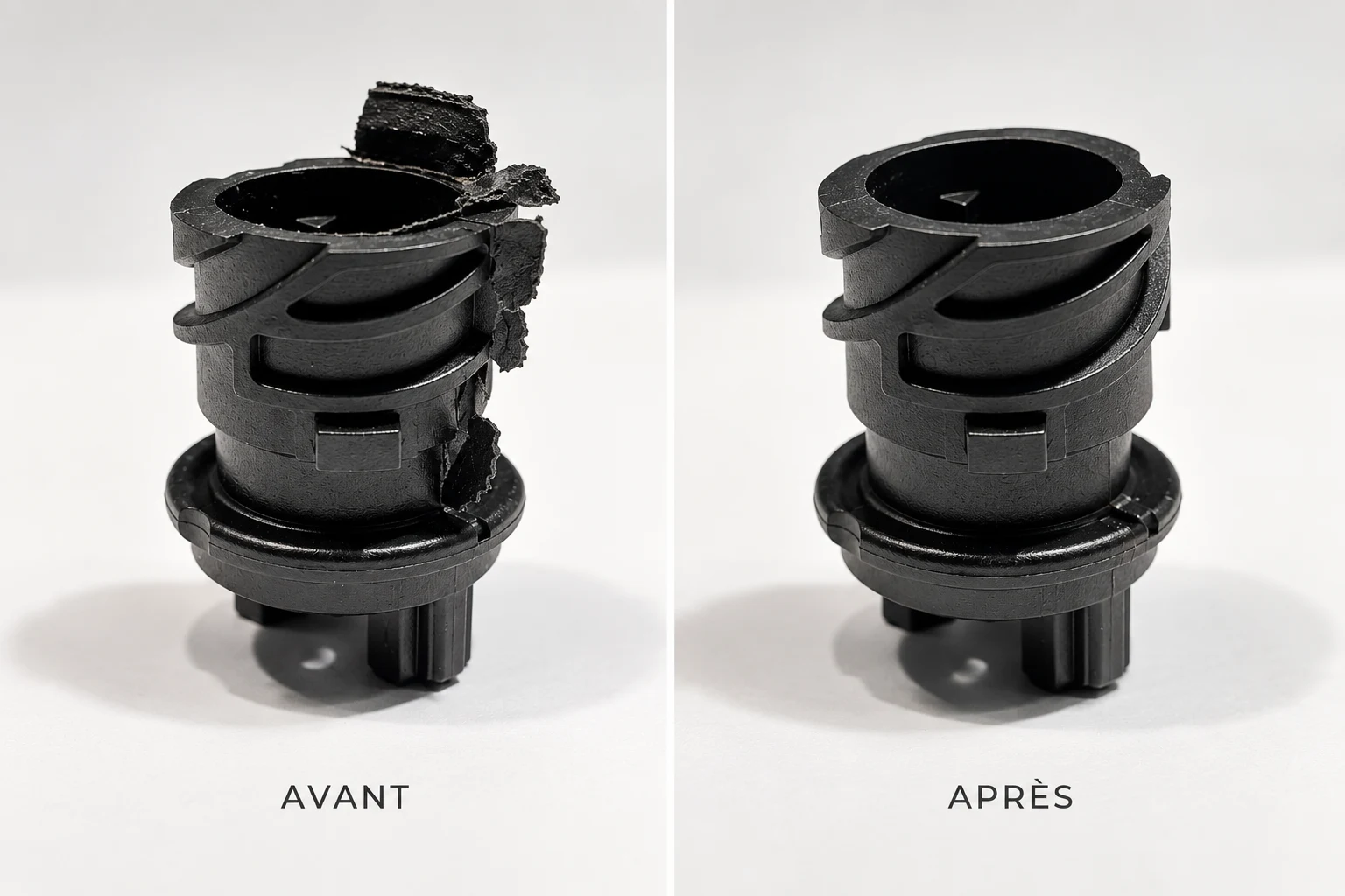 Comparatif avant et après d’une pièce plastique réparée