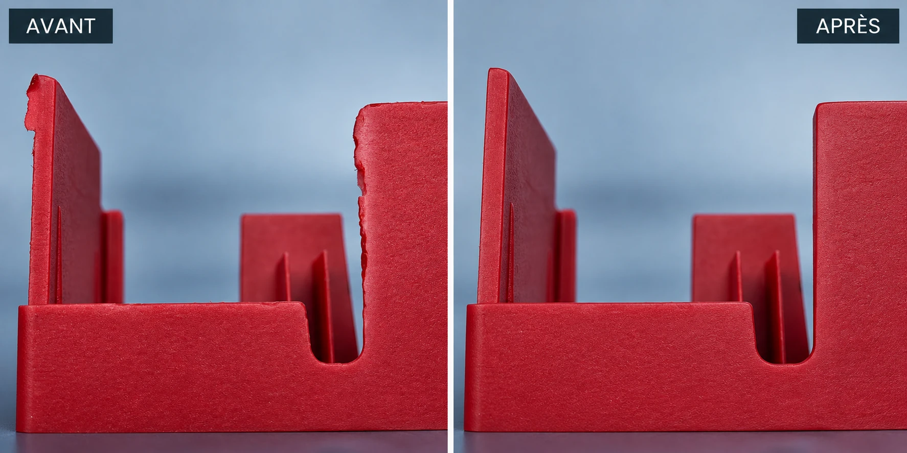 Avant et après : correction des arêtes d’une pièce plastique rouge