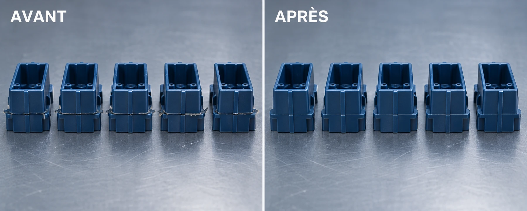 Illustration générée : comparaison de cinq pièces successives avant et après correction des bavures