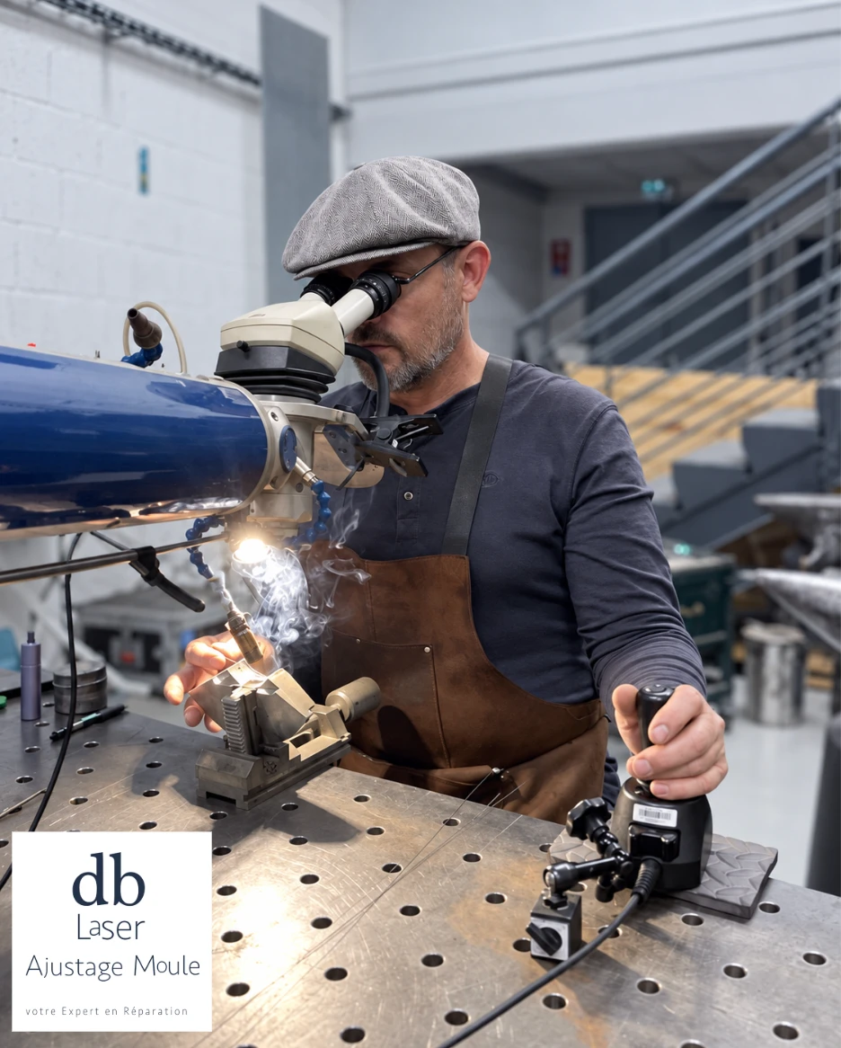 Damien Bolito réalisant une soudure laser de précision en atelier