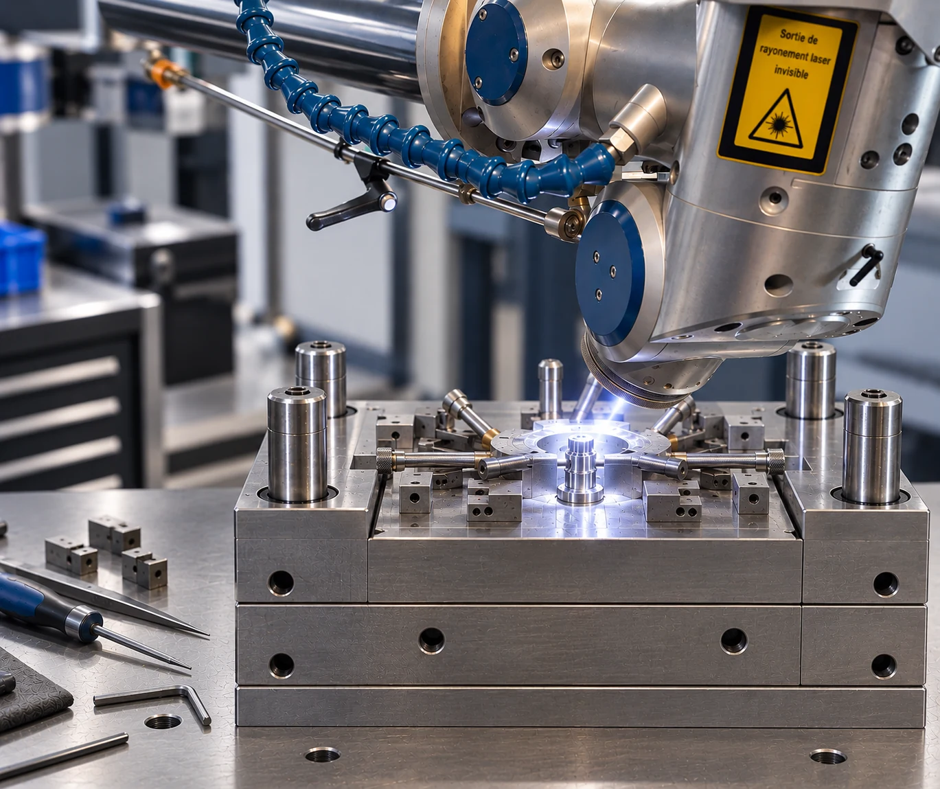 Intervention de soudage laser de précision en atelier industriel