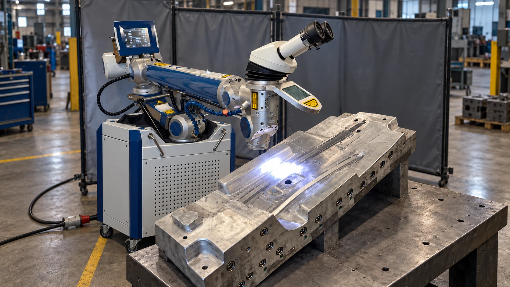 Machine de soudure laser mobile devant un moule métallique en atelier