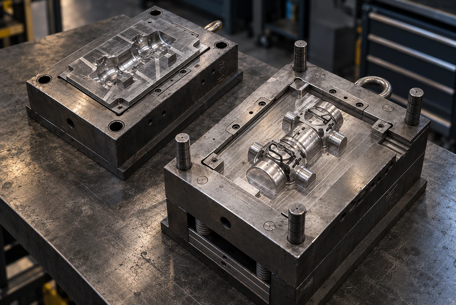 Deux parties d’un moule industriel ouvert sur une table d’atelier
